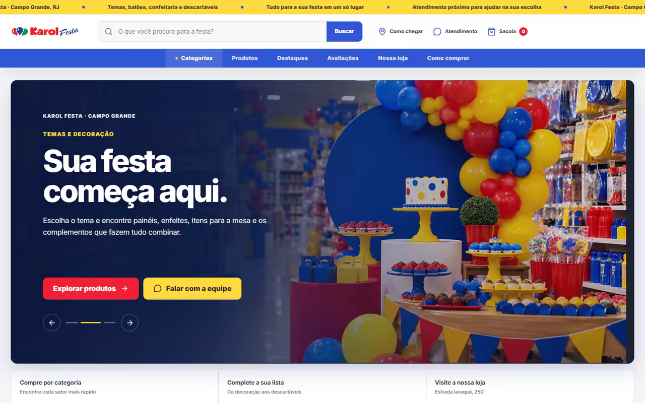 Página inicial da Karol Festa com mesa de festa decorada e balões